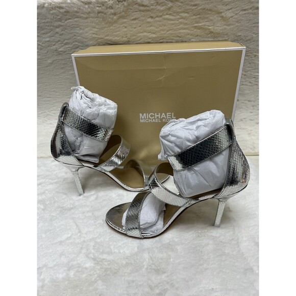 Michael Kors Women's Amal Metallic Snake Embossed Leather Sandal Silver, US 8 M - Picture 8 of 11